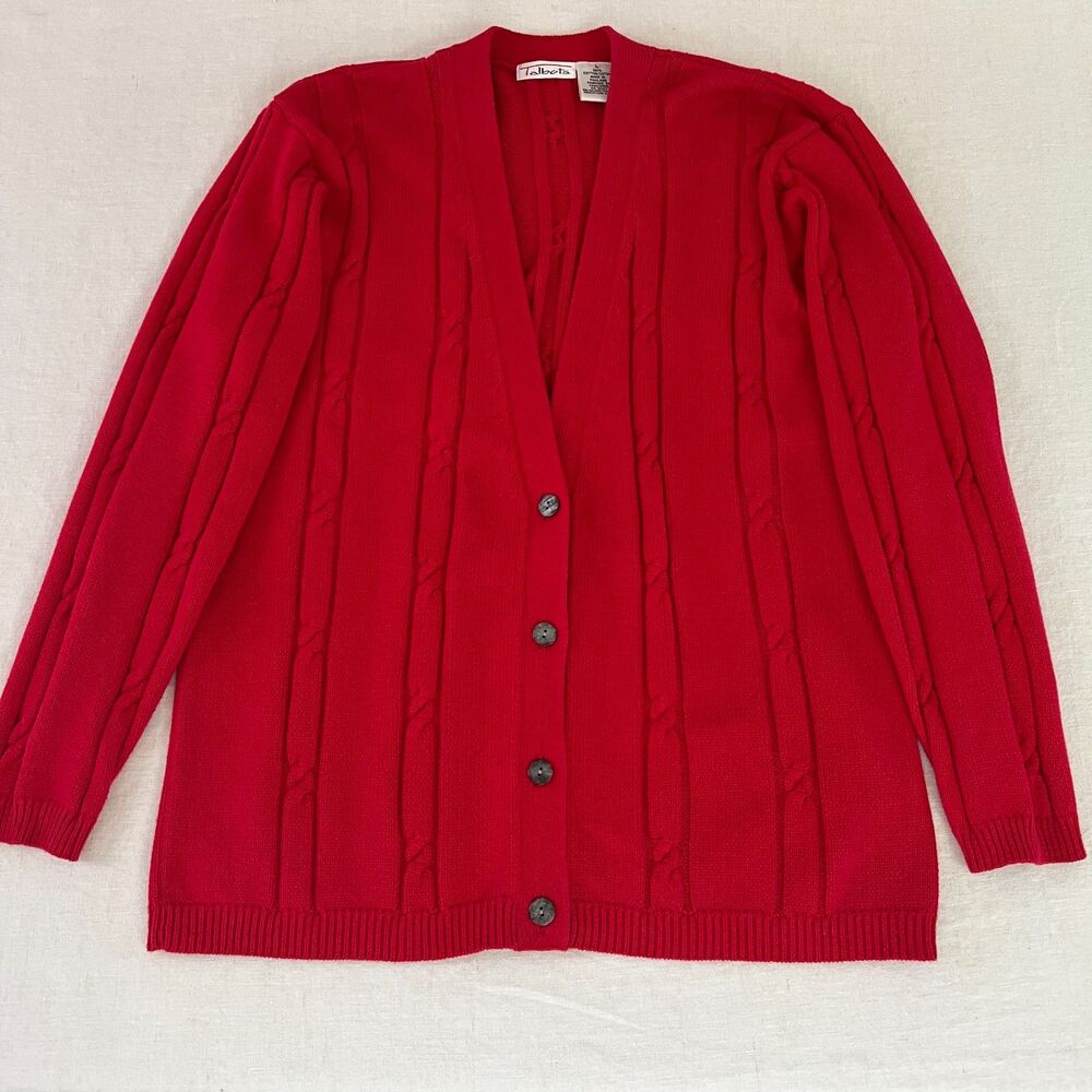 Vintage 90s Talbots 100% Cotton Vibrant Red Cable Knit V-Neck Boxy Cardigan Sz L